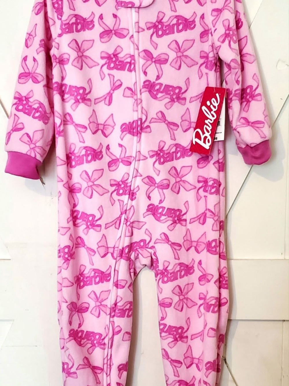 Barbie Pink Bow-Print Fleece Kids One-Piece Footie Pajamas